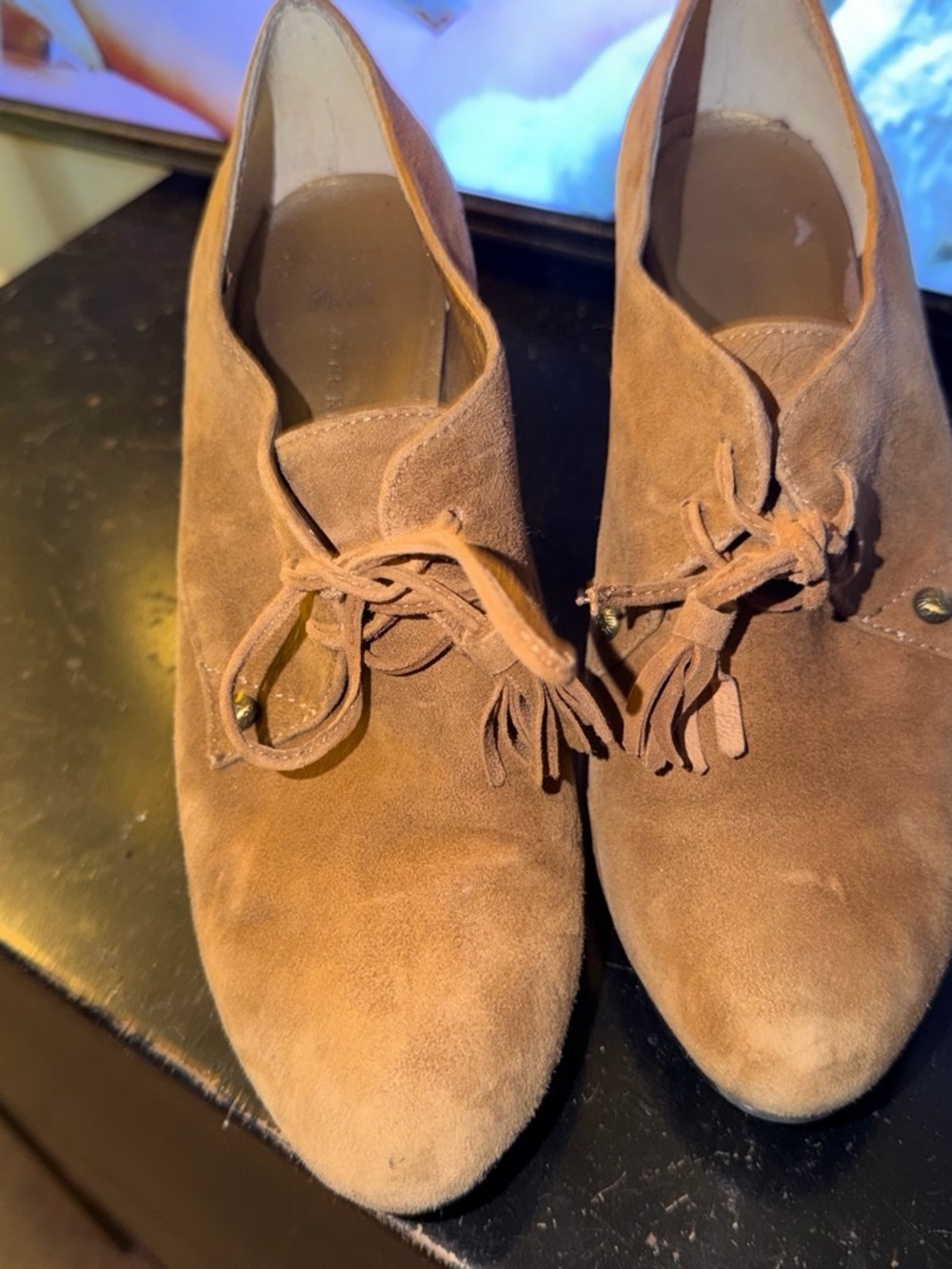 Anne Klein Tan Suede Lace-Up Ankle Boots with Tassels